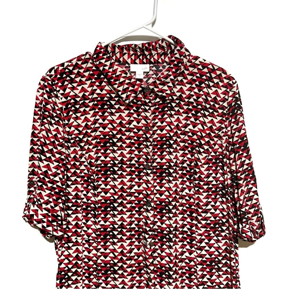 J. Jill Midi Womens Mod Print Navy Red Shirt Dress  Size 12 Tab Sleeves Collared - Picture 4 of 13